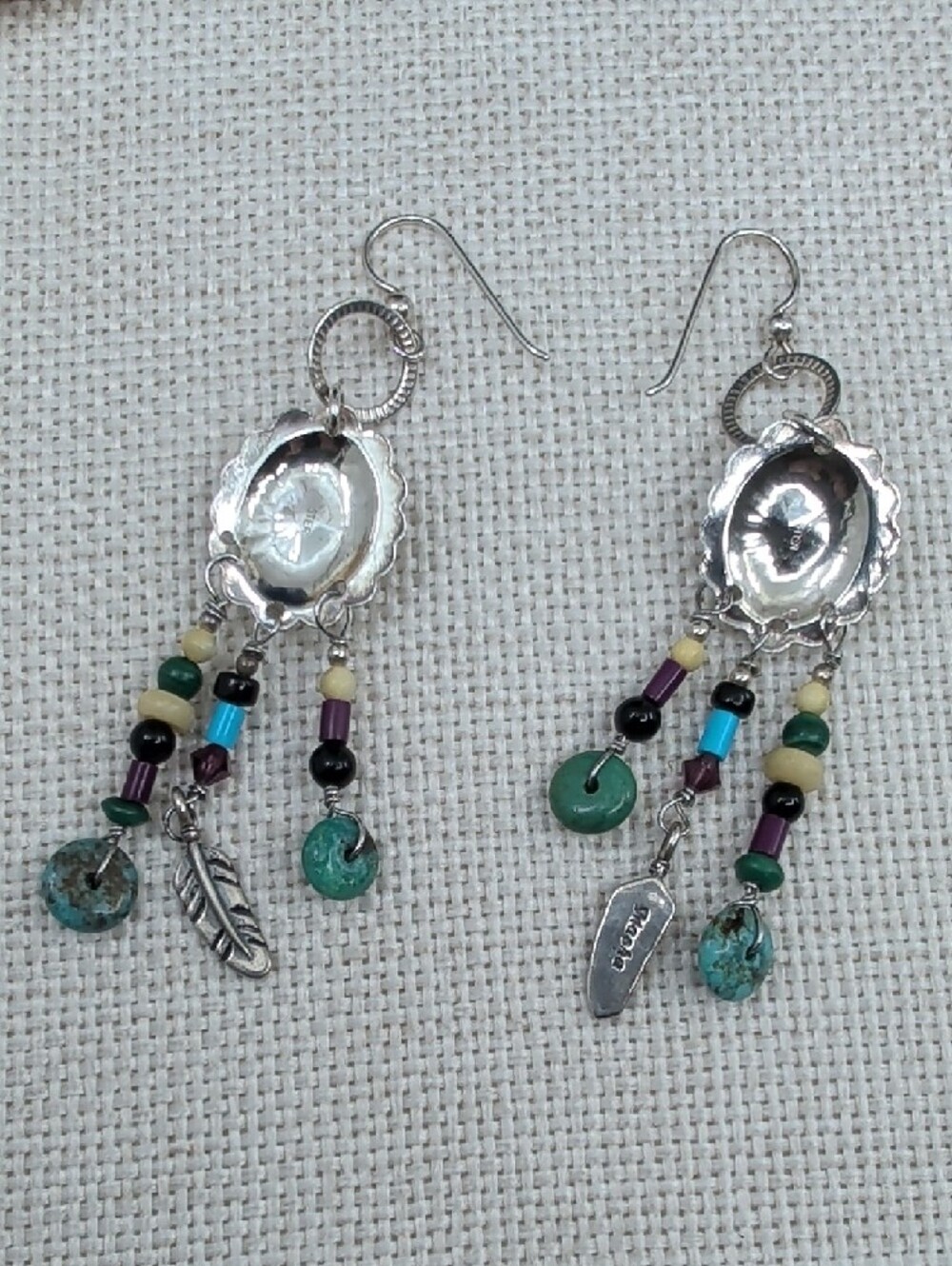Vintage Masha 925 Sterling Inlay Concho Dreamcatcher Earrings - Picture 11 of 17